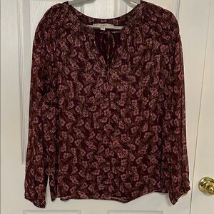 LOFT Burgundy and Pink Floral Blouse